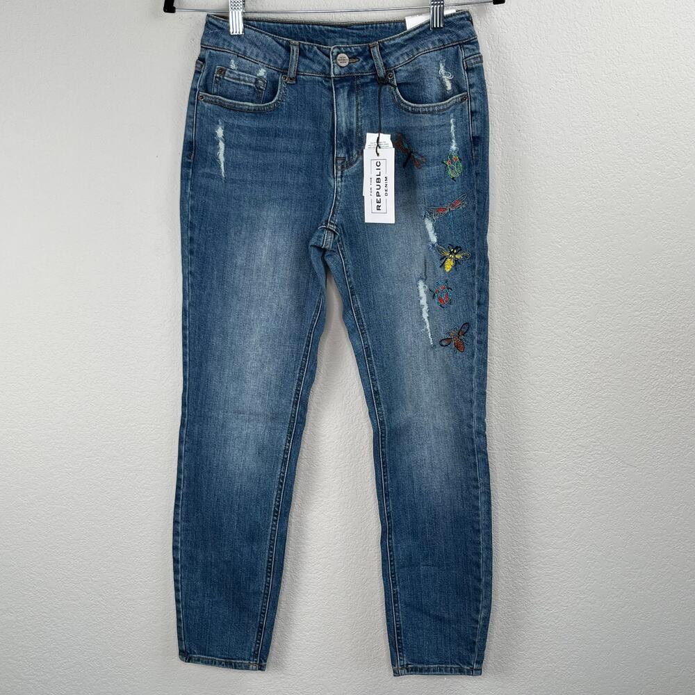 For The Republic NWT Embroidered Bug Ankle Jeans Cottagecore Dragonfly 2 25